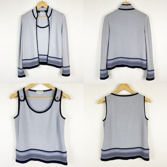 St. John Light Blue Black 2 Piece Set Jacket Shell Tank Santana Knit Size P (XS) - Picture 1 of 15